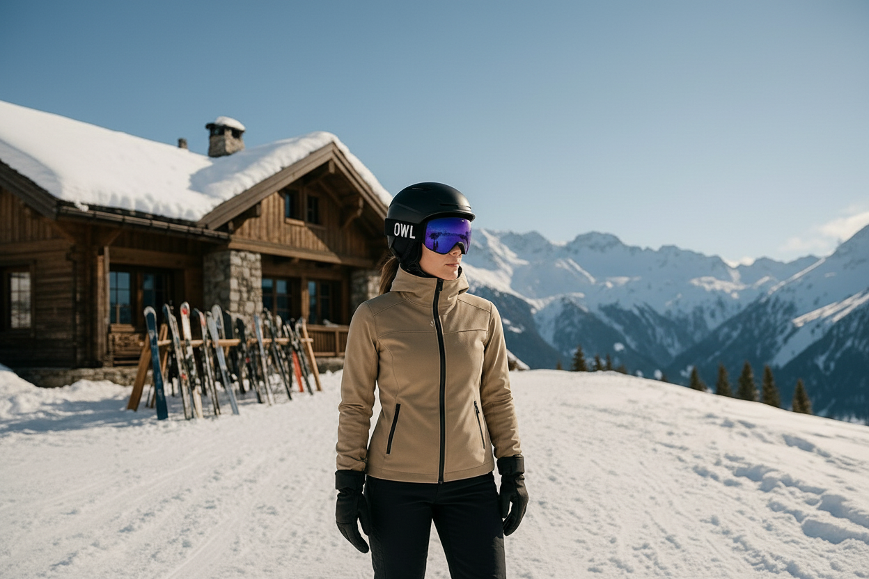 Eine weibliche personen in guten und hochwertigen skiklamotten, also nichts billiges sondern eher hochwertig aber jetzt nicht abgehoben, steht 5m-10m von einer skihütte auf einem beschneiten berg. im hintergrund ist noch ein ständer mit skiern und snowboards. die sonne scheint. die kamera ist 10m-15- von der frau entfernt. sie hat eine skibrille mit einer lilanen linse auf. der strap von der skibrille ist schwarz und auf dem strap steht in weiß "OWL" in der schriftart bebas neue.